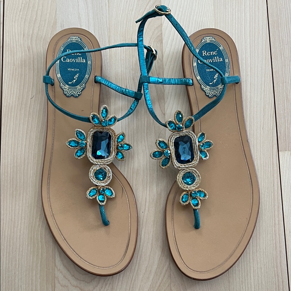 Rene Caovilla Venezia Turquoise Jewel Flat Sandals with jute